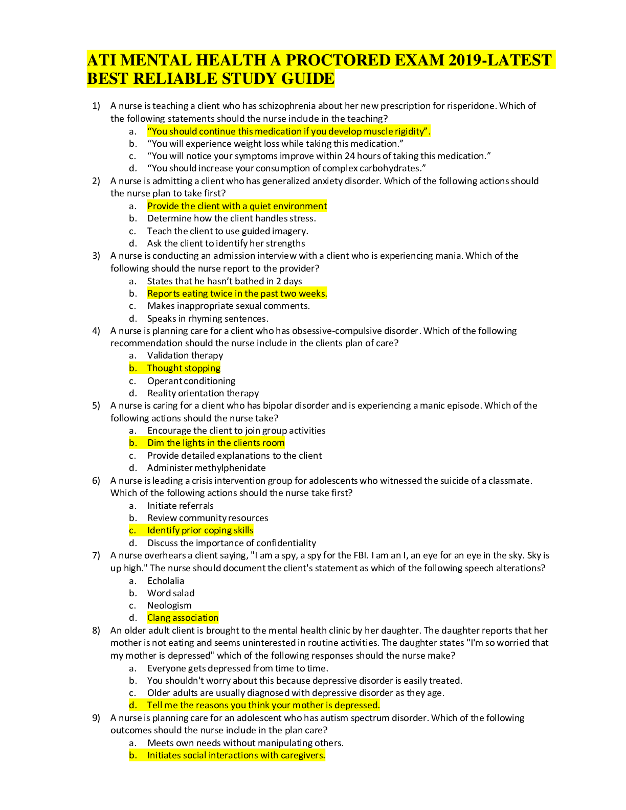 Preview image for ATI MENTAL HEALTH A PROCTORED EXAM 2021-LATEST STUDY GUIDE